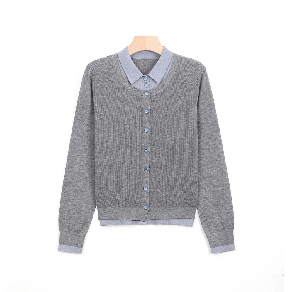 2025春季新款撞色翻领假两件针织衫开衫女打底衫