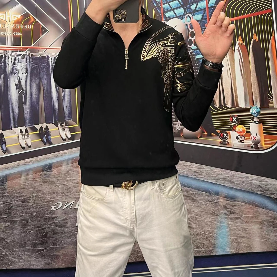 高档男士时尚潮流帅气烫钻卫衣2024新款潮流帅气半拉链百搭男装88