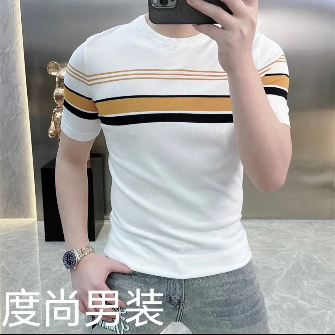 2024夏季新款男士高品质条纹伊力特冰丝针织时尚半袖帅气圆领短袖