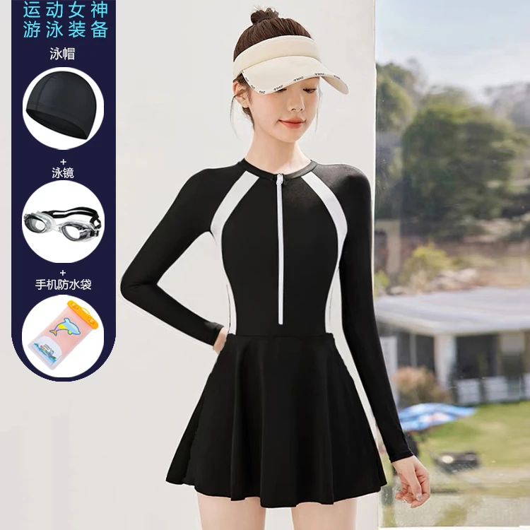 运动长袖防晒速干泳装保守显瘦遮肚小胸聚拢连体裙式遮肉游泳衣