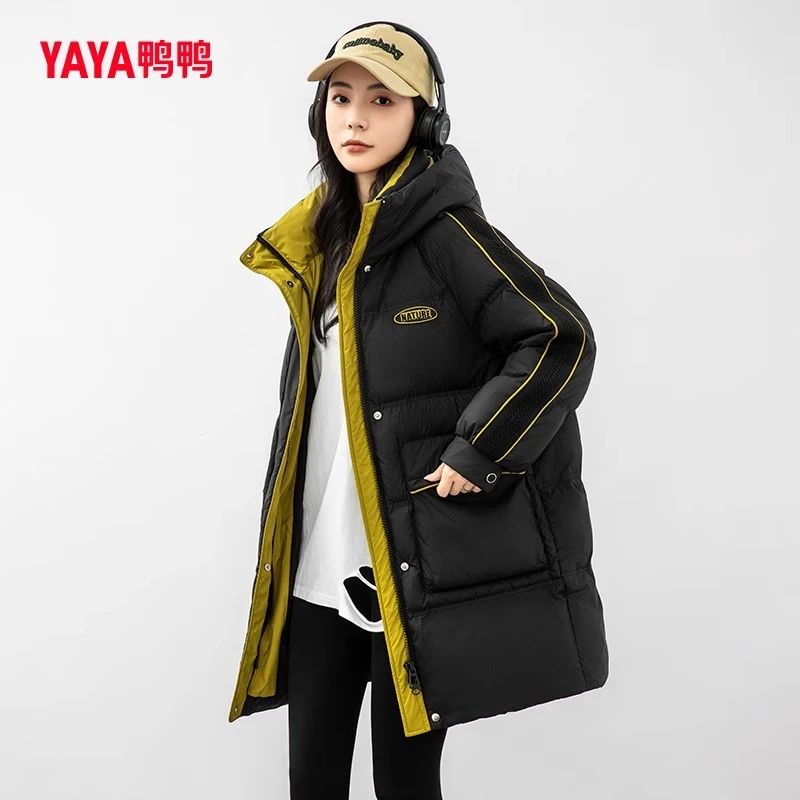 YAYA/鸭鸭新羽绒服女中长款冬季拼接连帽百搭运动热力YE3B627605H