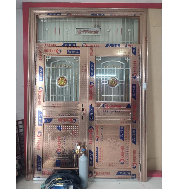 现货豪华彩板新款不锈钢家用玫瑰金金钱板花纹大门防盗门包邮直发