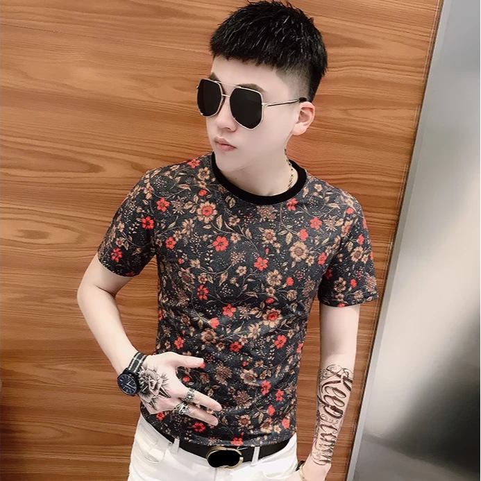 2024夏季新款男士短袖t恤时尚修身个性印花圆领百搭T恤半袖上衣