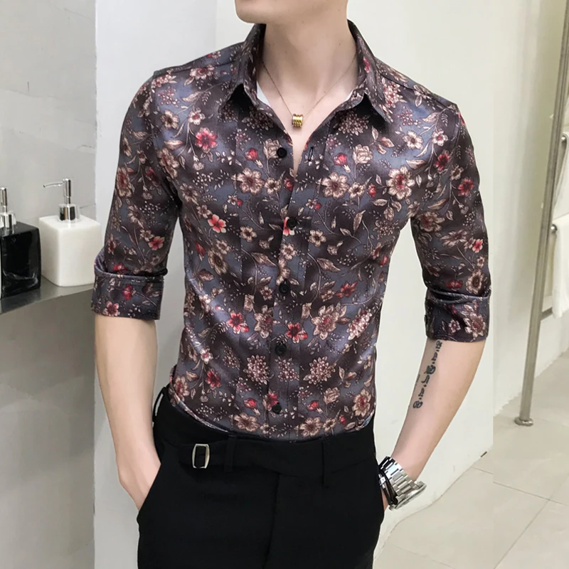 花衬衫男士短袖夏季修身韩版潮流痞帅7分中袖碎花高端七分袖衬衣