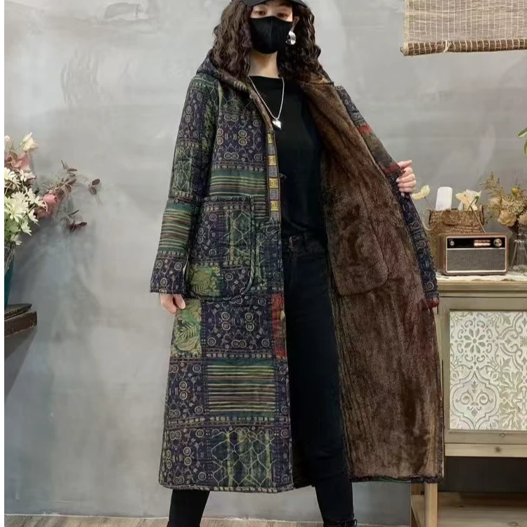 加绒加厚长款风衣棉服外套女冬季2024年新款宽松复古连帽花色大衣