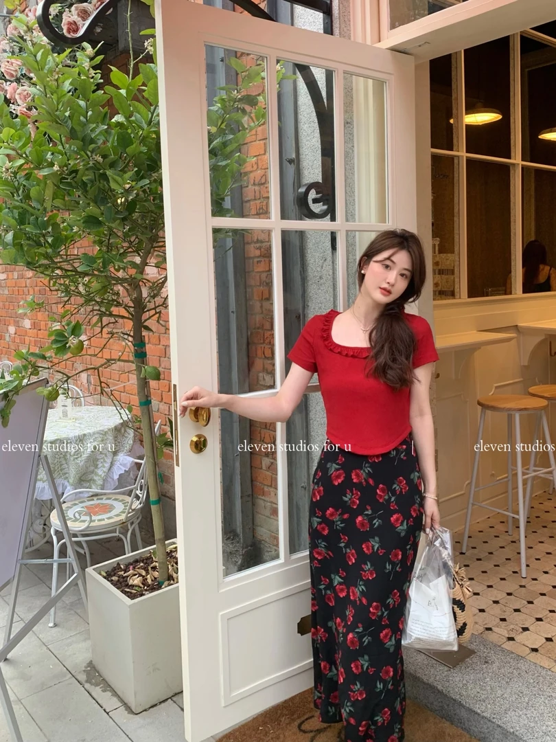 【十一清仓】NO退NO换  木耳花边法式甜辣风上衣套装-红酒微香-45