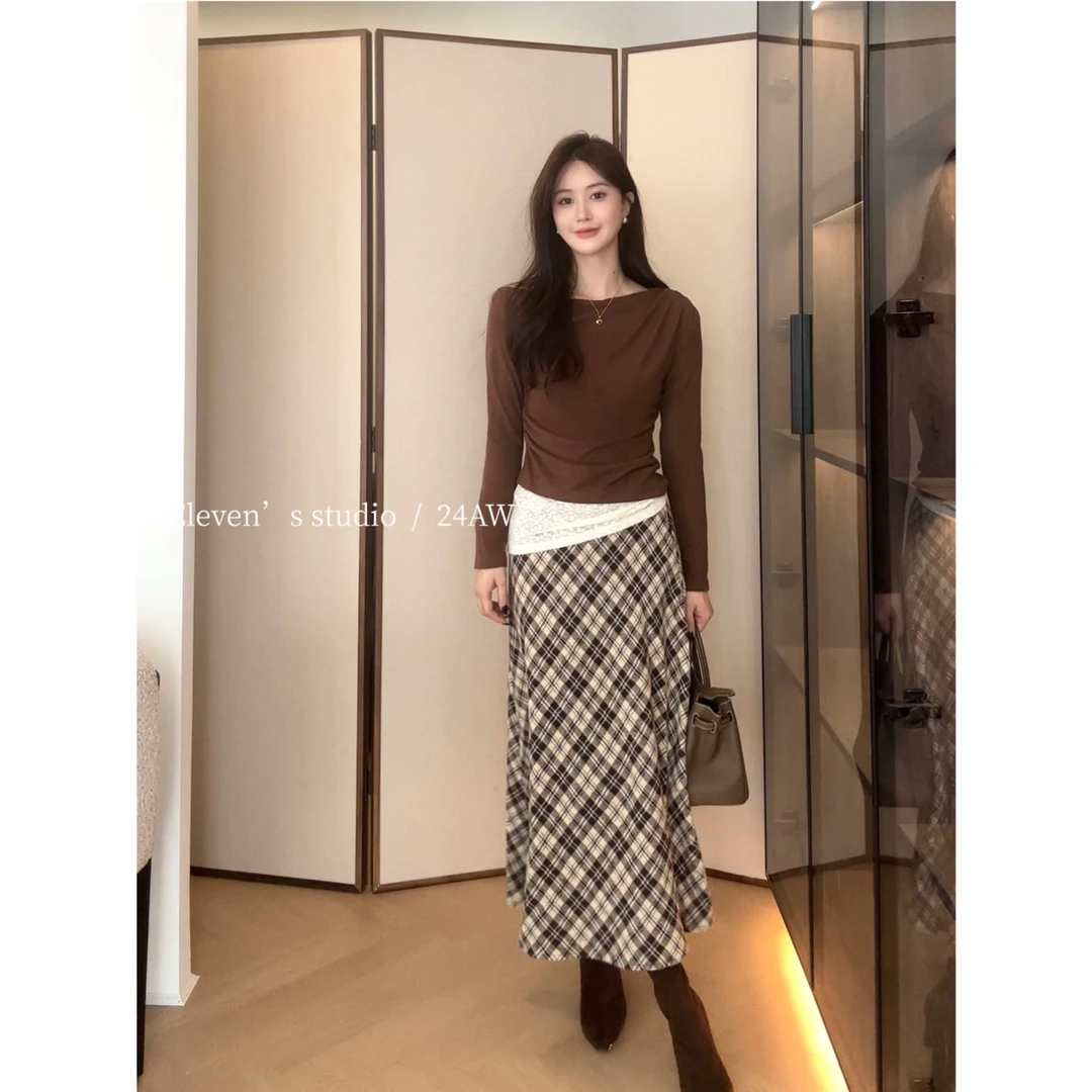 11Wearing【南鸢若尘】复古时尚显瘦设计感格子半身裙