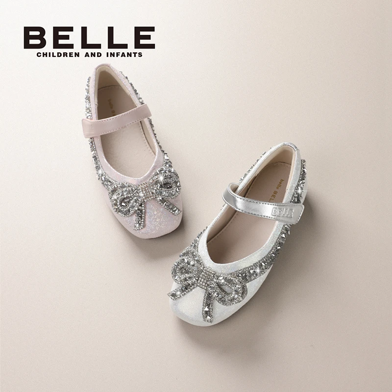 百丽童鞋儿童皮鞋大童时尚浅口小女孩公主鞋女童春季水晶鞋DE3063