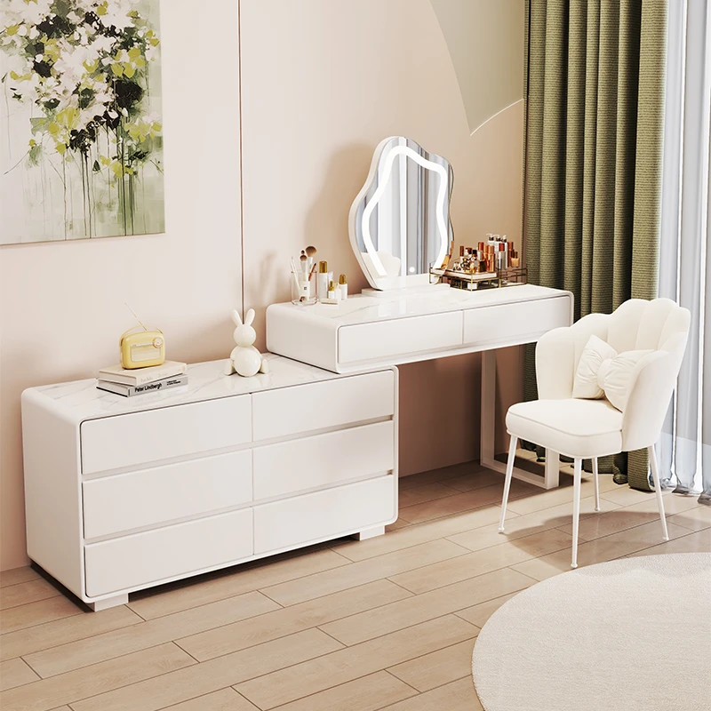 全实木岩板奶油风梳妆台现代简约卧室化妆桌台收纳柜转角柜梳妆台