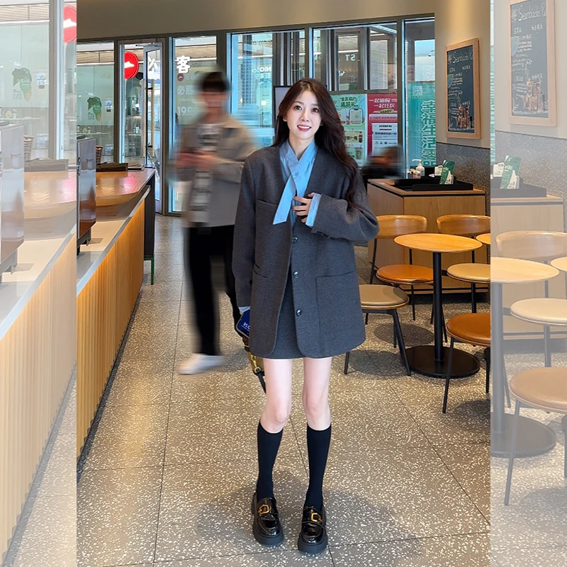 壹壹【蓝色巴黎】韩系气质衬衫拼接毛呢外套半身裙两件套装 2411Z02