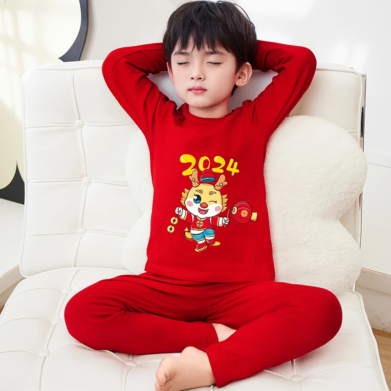 儿童红色龙年内衣套装本命年保暖男童秋冬纯棉女童秋衣秋裤家居服
