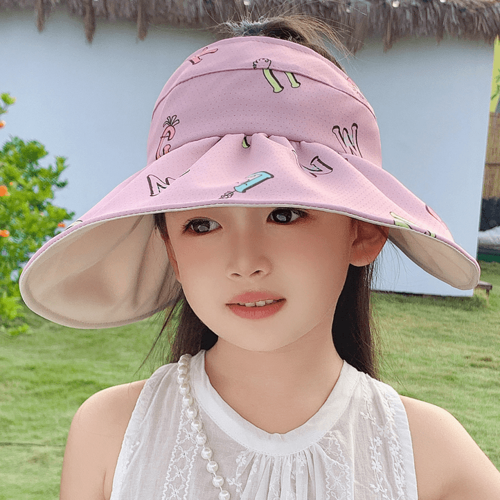儿童简约百搭遮阳太阳帽女童可扎马尾空顶帽男童户外出游大檐