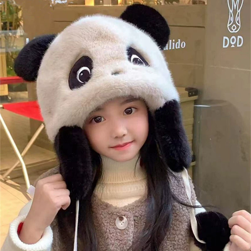 儿童帽子冬天可爱卡通熊猫毛绒帽宝宝包头帽男女童加厚保暖护耳帽