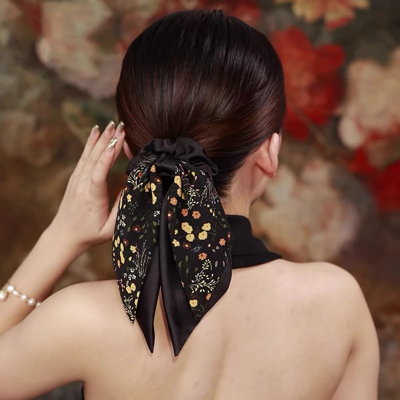新款蝴蝶结碎花飘带布圈发圈发绳飘带缎面纯色头绳优雅头饰韩版
