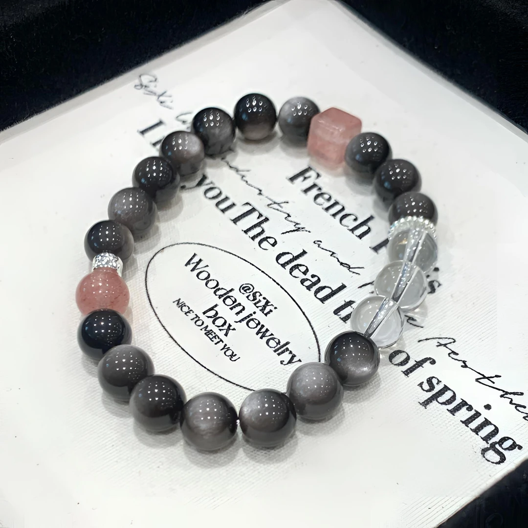 天然白水晶草莓晶银曜石手串