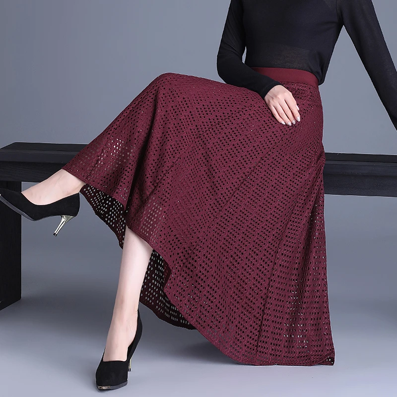 秋冬镂空蕾丝半身裙烫钻A字显瘦秋季大摆中长款高腰长裙春秋2319