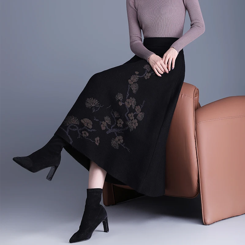 提花毛线A字裙大摆裙气质半身裙秋冬长裙高腰显瘦11C冬季裙659