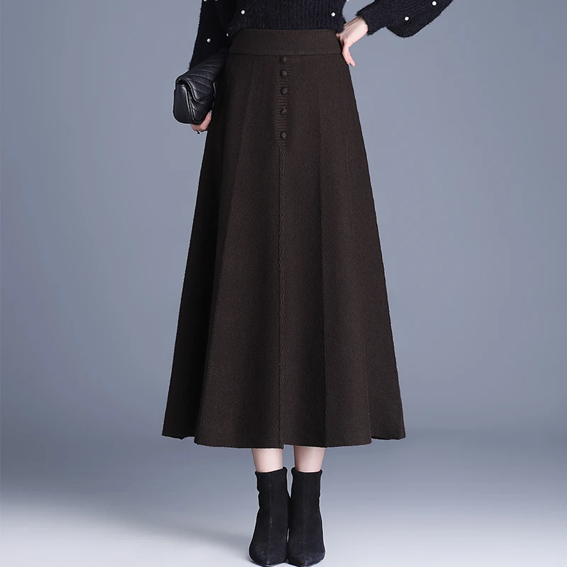 毛线裙A字半身裙秋冬长裙大摆裙高腰显瘦中长款11C冬季裙650黑色