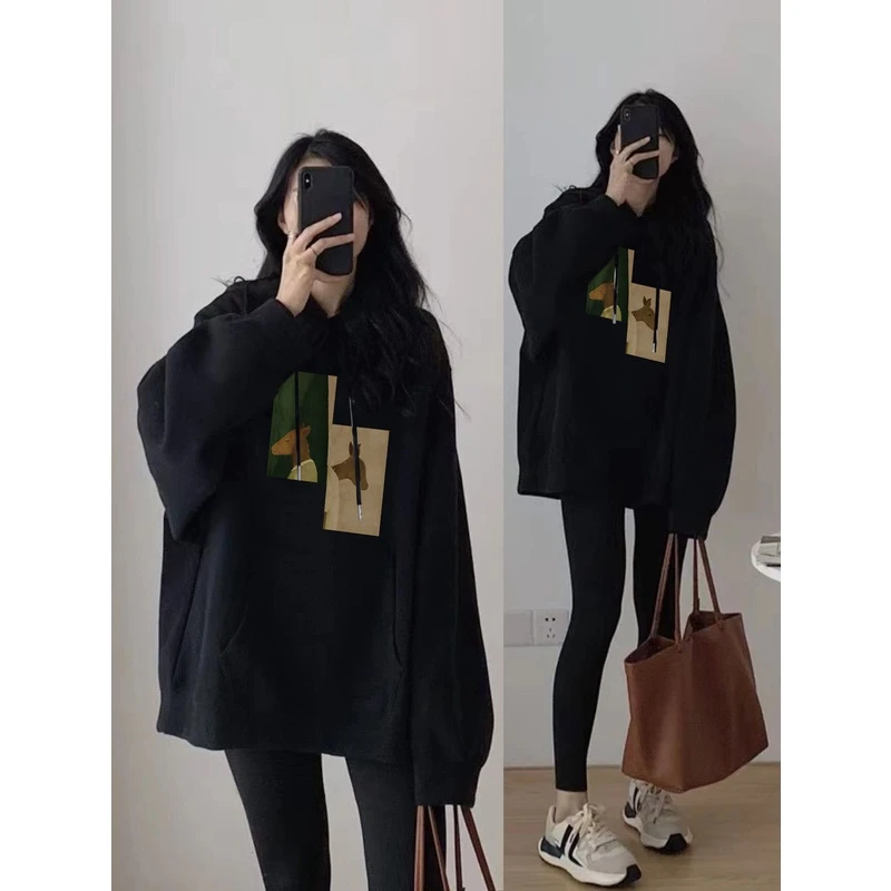 黑色加绒加厚连帽卫衣女2025年秋冬新款小个子宽松百搭长袖上衣女