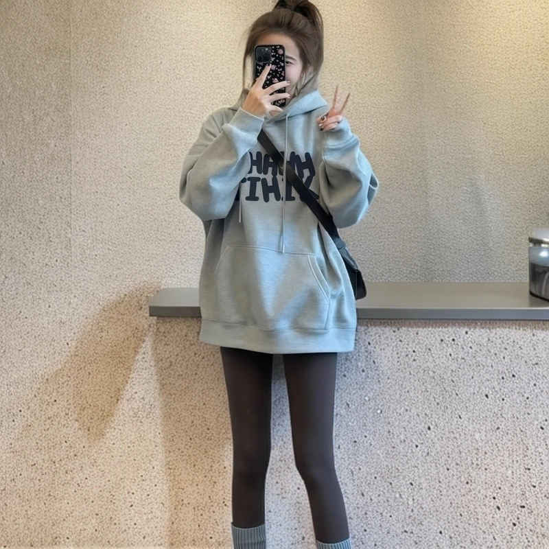 灰色连帽慵懒风卫衣女秋冬2025年新款爆款中长款上衣加绒加厚外套