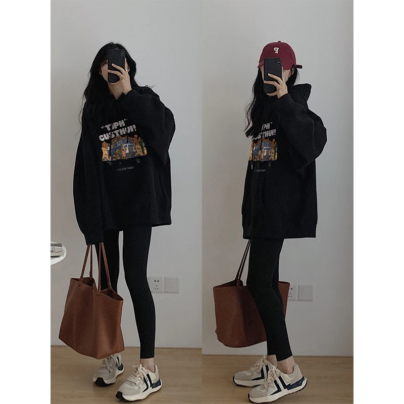 冬季搭配鲨鱼裤连帽卫衣女2025新款显瘦oversize黑色加绒加厚外套