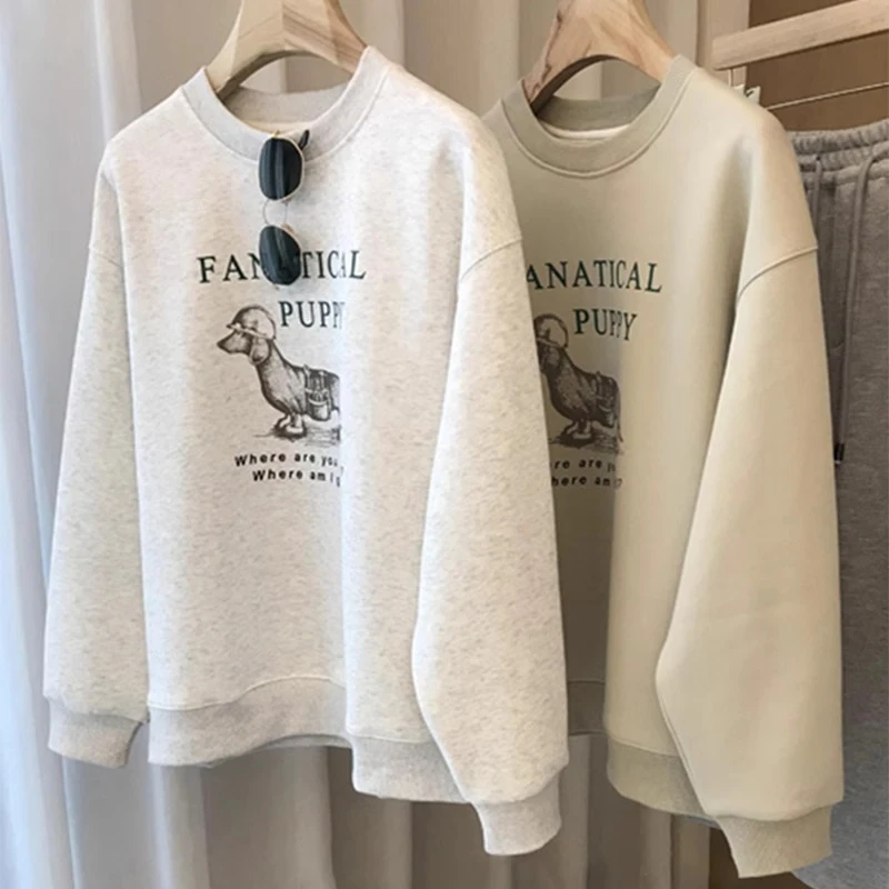 圆领加绒卫衣女春秋冬2023新款慵懒风宽松百搭长袖套头上衣ins潮