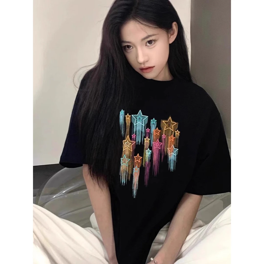 黑色短袖t恤女2025夏季新款爆款宽松百搭印花设计感oversize上衣