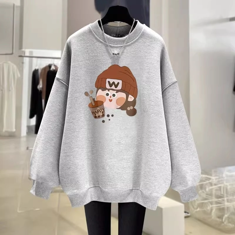 灰色卡通印花卫衣女韩版2025秋冬新款中长款宽松加绒洋气可爱上衣
