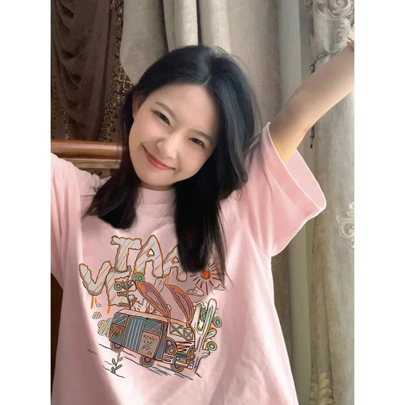 粉色纯棉短袖T恤女2025新款夏季小个子宽松正肩体恤设计感上衣潮