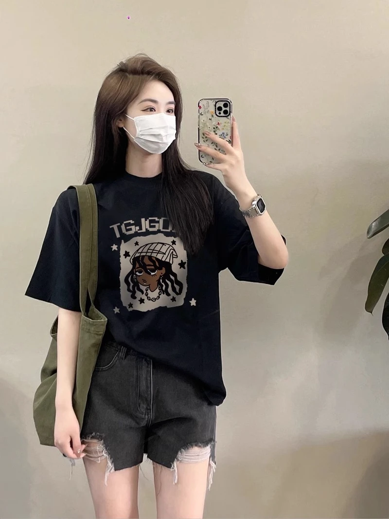 美式复古短袖t恤女夏季新款大码设计感印花纯棉宽松炸街显瘦上衣