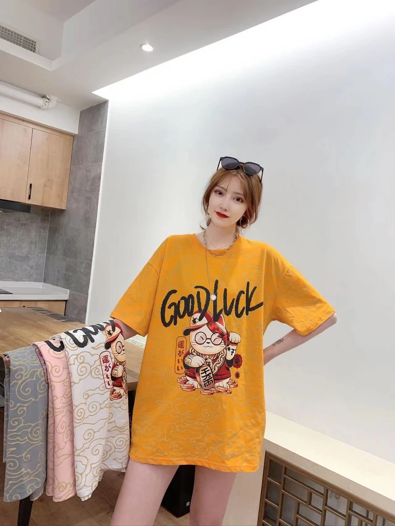 夏季新款情侣款男女宽松休闲卡通卫衣短袖舒适棉招财猫图案透气