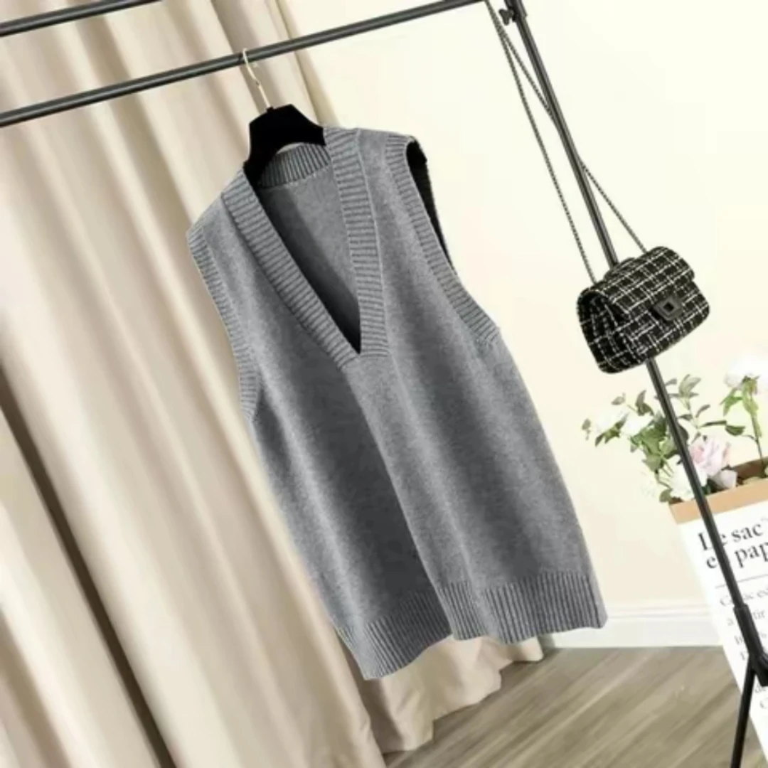 针织V领马甲无袖毛衣背心女2024秋冬新款宽松大码外搭中长款马夹