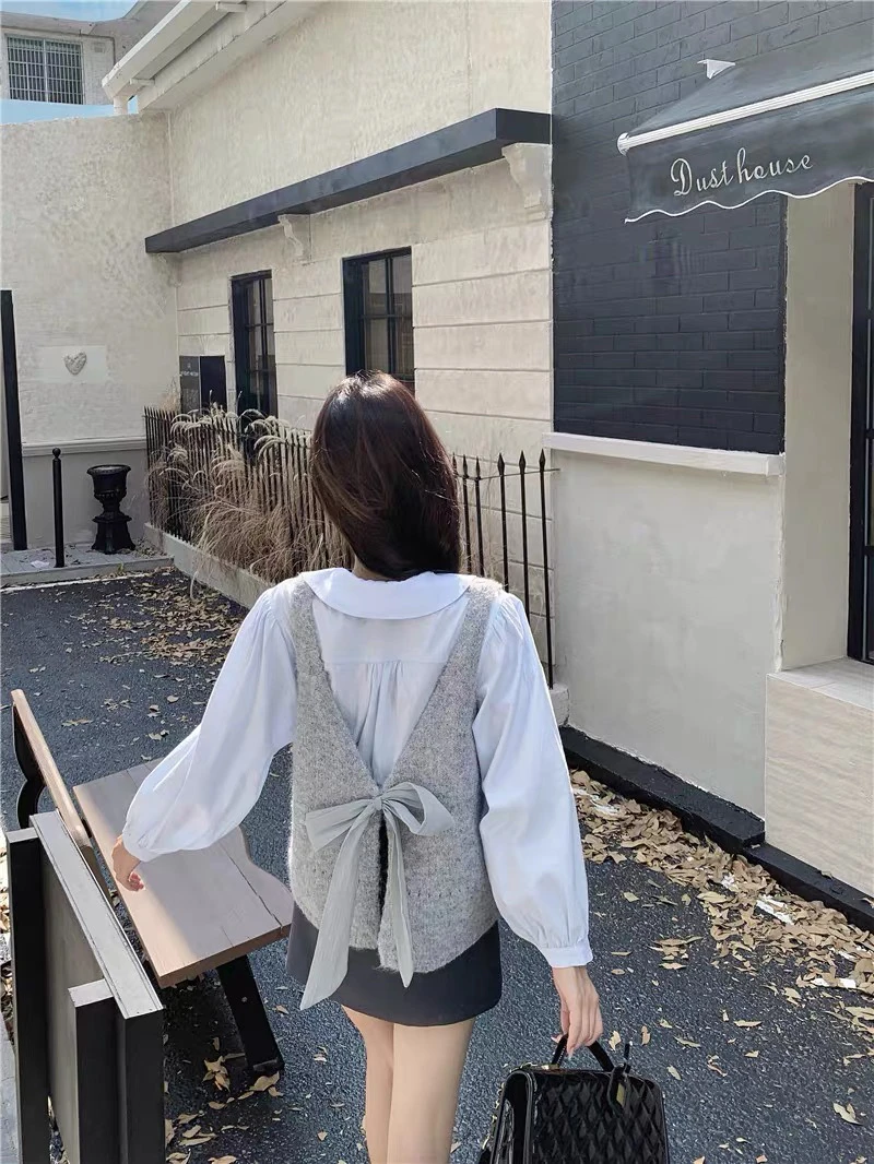 设计感蝴蝶结系带前后两穿背心马甲秋季新款叠穿宽松针织上衣女潮