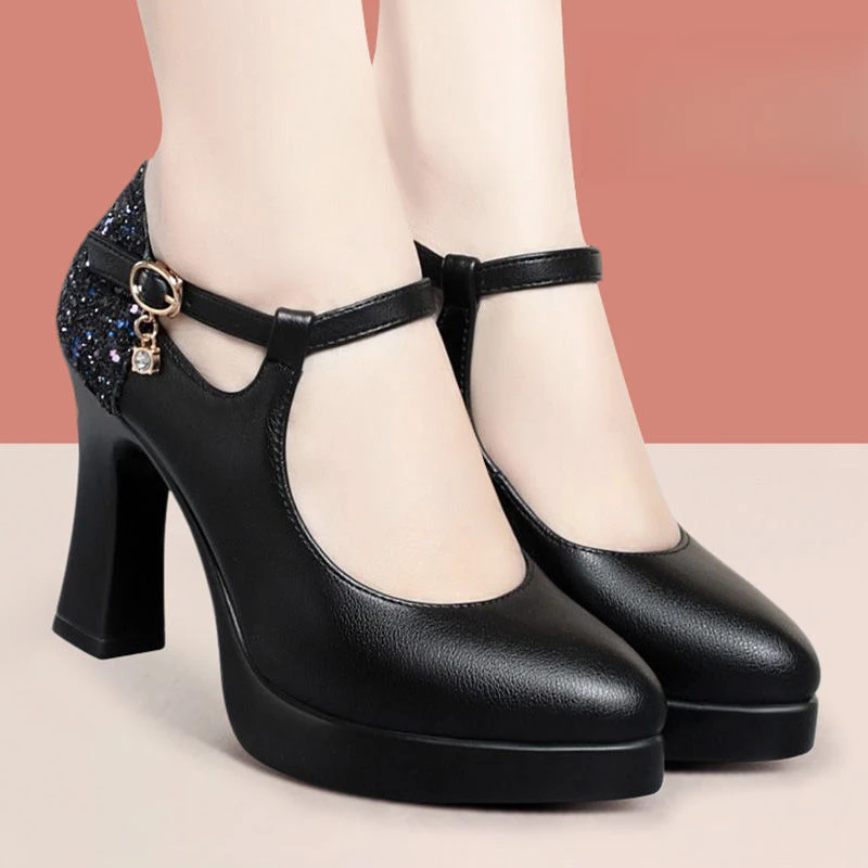 秋季百搭高跟鞋深口女士中年圆头大码黑色高跟鞋粗跟妈妈鞋子鞋