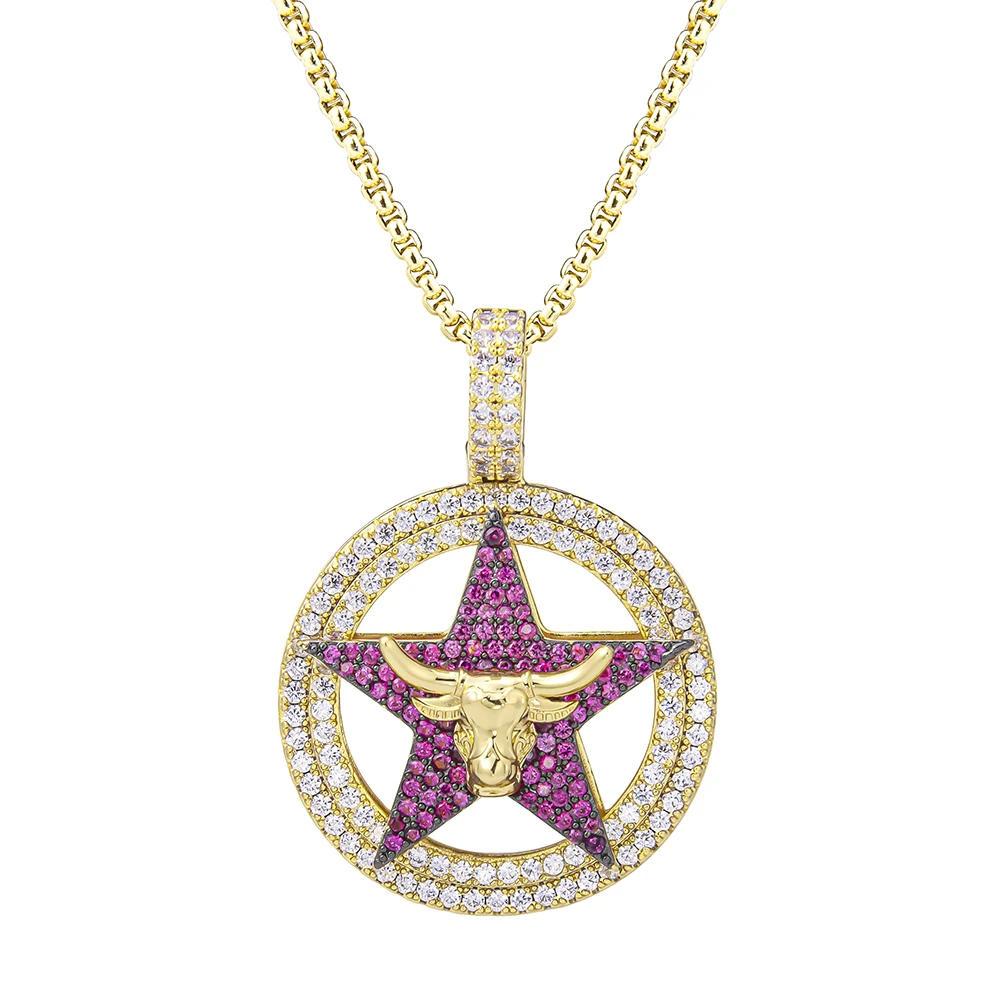 铜锆石吊坠 欧美圆形五角星吊坠嘻哈男牛头项链金色个性满钻饰品