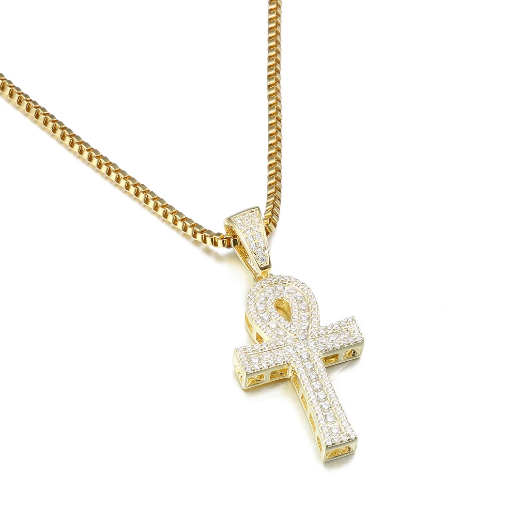 铜锆石吊坠 金色十字架吊坠嘻哈男女项链个性饰品满钻镶嵌首饰