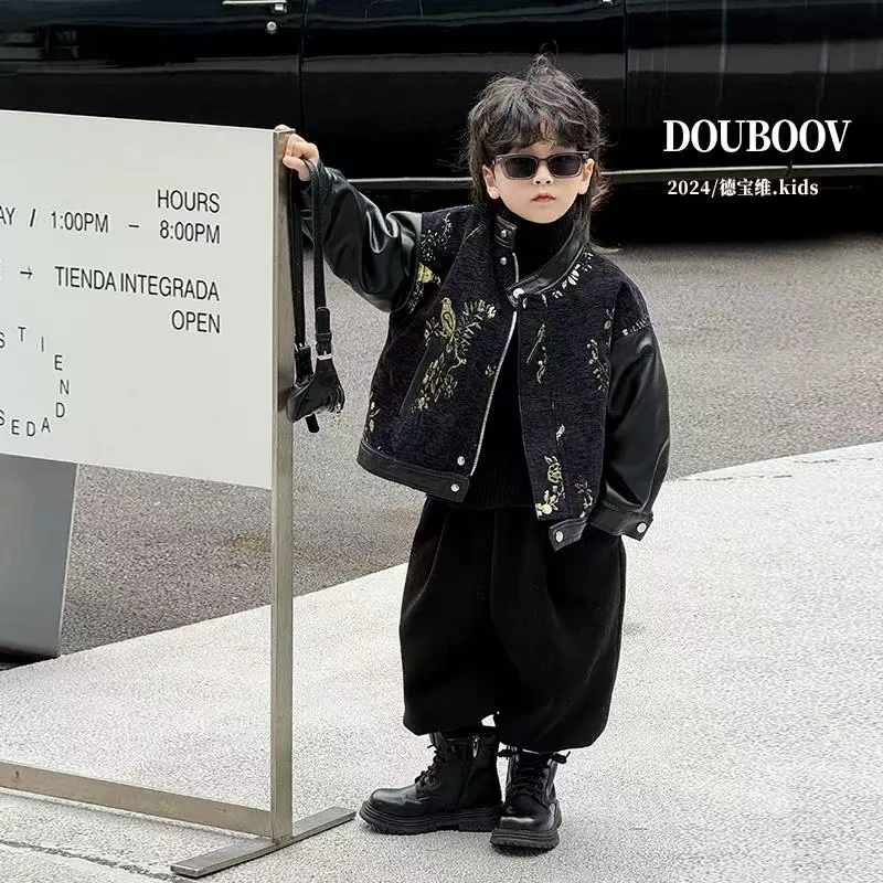 【小哈哈专属】2024冬季新款上新加绒国风男童洋气皮夹克休闲韩版