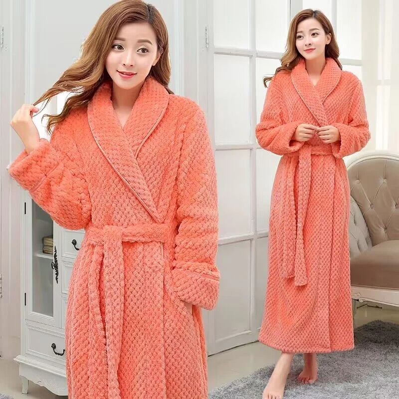 加大码睡袍女秋冬季法兰绒情侣睡衣外穿浴袍男加厚加长款家居服