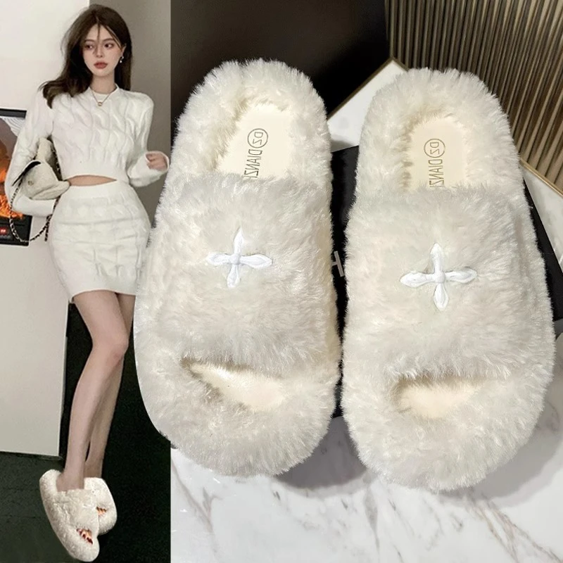 毛毛拖鞋女外穿春秋季2023新款网红超火ins潮防滑厚底棉拖懒人鞋