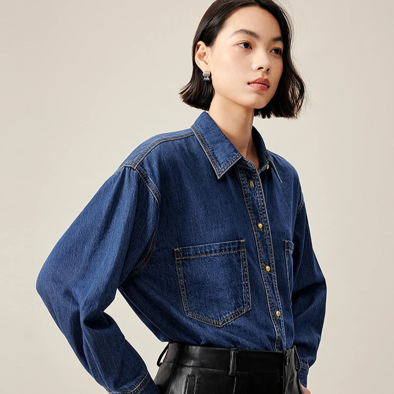 伊芙丽简约基础通勤丹宁牛仔衬衫上衣女百搭外套女1E7922551