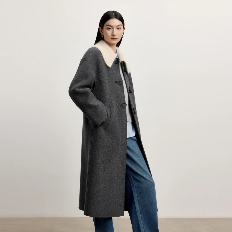 伊芙丽可脱卸针织领长款学院风双面呢大衣2024秋季1FA970861