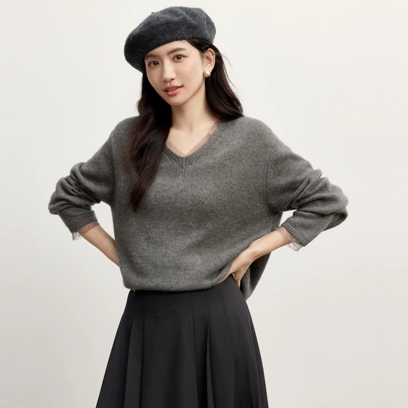 【100%绵羊毛】伊芙丽V领波点蕾丝拼接针织套头毛衣2024秋1FA935141