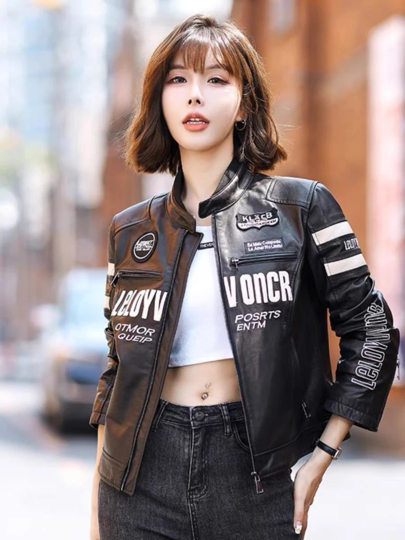 春秋新款哈雷机车绵羊皮修身真皮袖标立领短款夹克潮酷机车皮衣