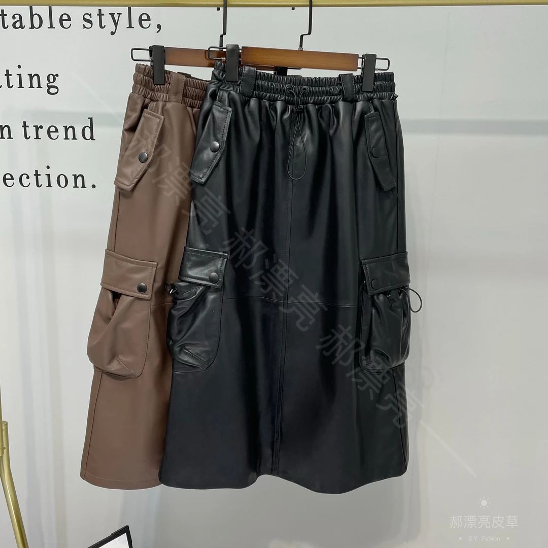 复古工装绵羊皮半身裙高腰显瘦开叉中长裙直筒松紧腰潮流真皮裙子