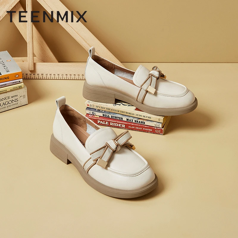 Teenmix/天美意乐福鞋老花蝴蝶结气质女皮单鞋AG008AA3
