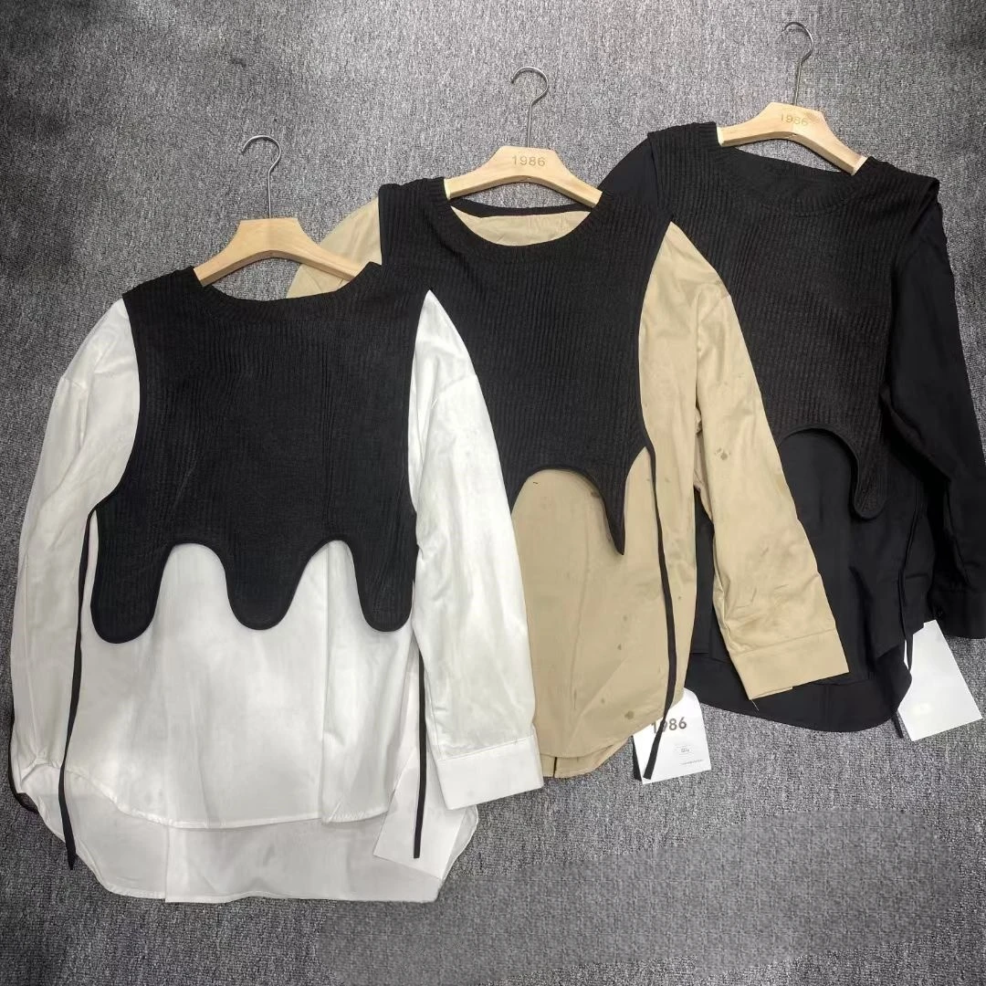 早秋新款时尚简约百搭气质设计感拼接针织马甲假两件衬衫8376-G