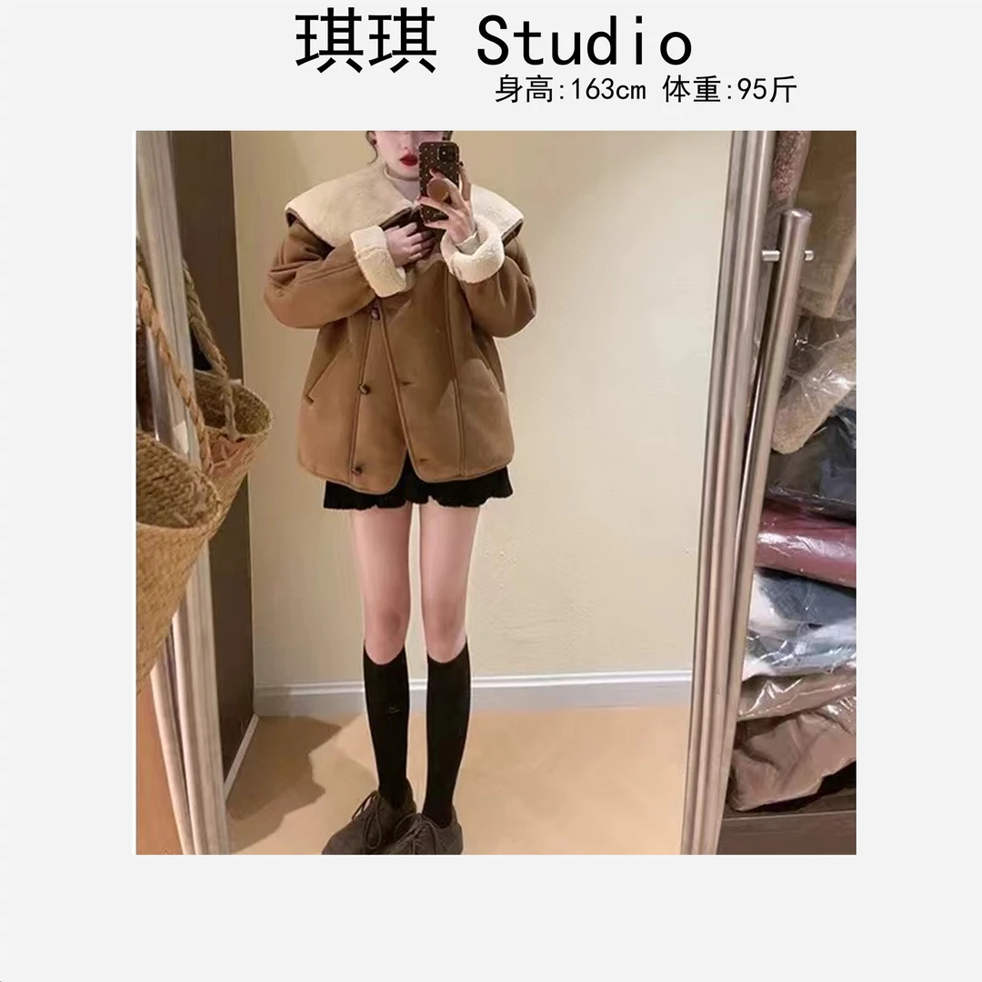 秋冬季新款轻奢高级感复古大翻边单排纽扣羔毛保暖显瘦减龄外套-M