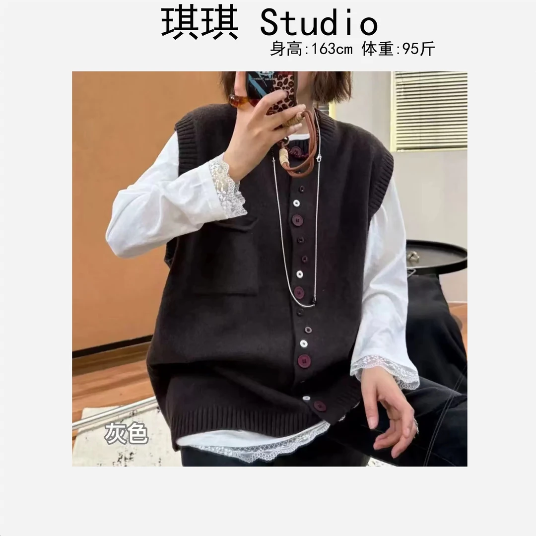 秋冬季新款气质时尚拼色单排扣复古宽松显瘦减龄百搭针织马甲-C