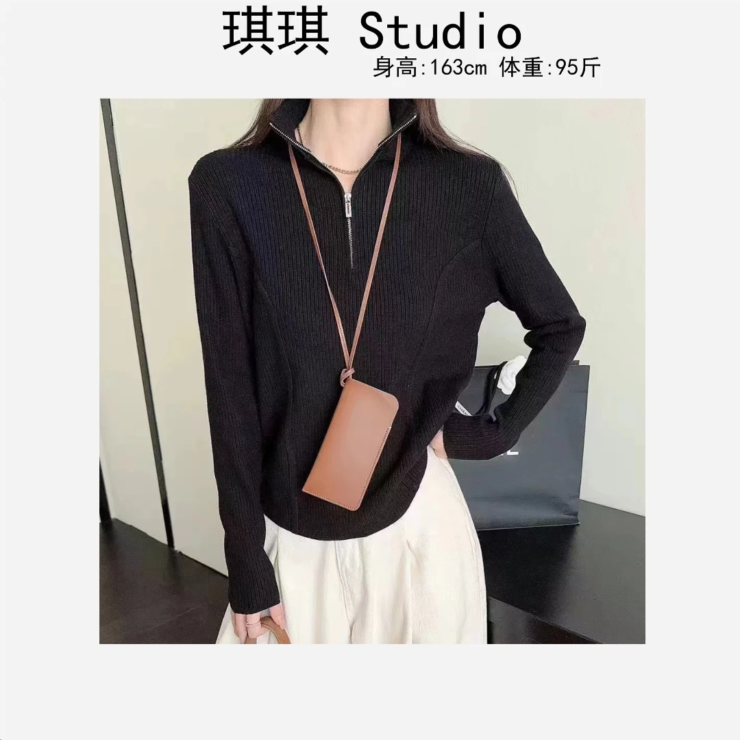 秋季款立领半拉链鱼骨显瘦线气质时尚减龄舒适百搭针织上衣481-G