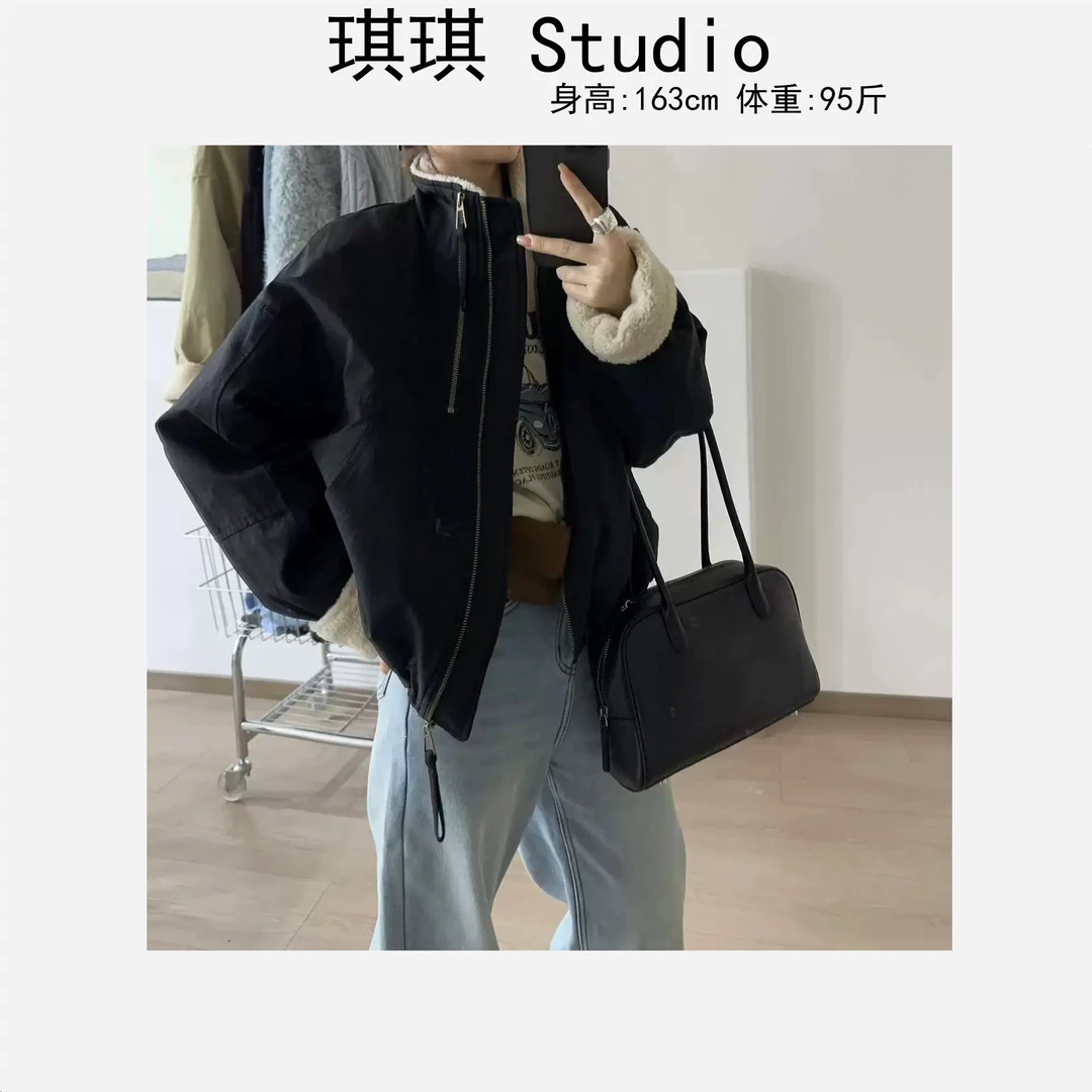 冬季新款立领两穿内里加绒双拉链气质时尚宽松减龄休闲百搭外套-C